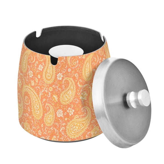Stainless Steel Ashtray with Lid Removable Snuffer Post Easy to Clean Cylindrical Ash Tray for Home Office Decoration Coral-colored Cashew Flower Pattern