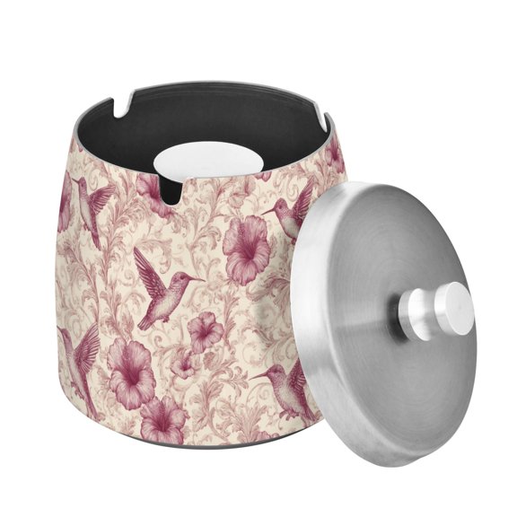 Stainless Steel Ashtray with Lid Removable Snuffer Post Easy to Clean Cylindrical Ash Tray for Home Office Decoration Hummingbird and Hibiscus Pattern