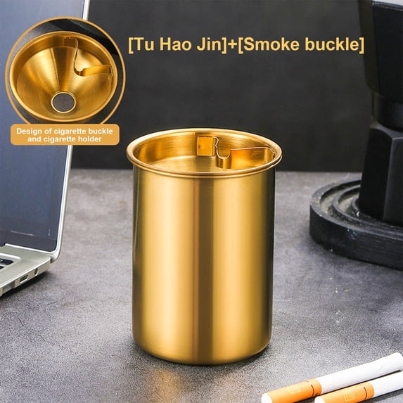Stainless Steel Ashtray with Cover | Windproof & Shatterproof Design | Gold Commercial Ashtray for Hotel & Outdoor Use