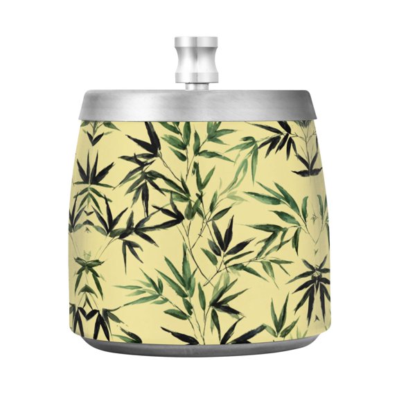 Stainless Steel Ashtray with Lid Removable Snuffer Post Easy to Clean Cylindrical Ash Tray for Home Office Decoration Bamboo and Green Leaves