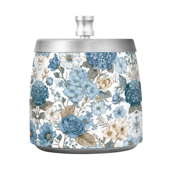 Stainless Steel Ashtray with Lid Removable Snuffer Post Easy to Clean Cylindrical Ash Tray for Home Office Decoration Blue Floral Seamless Pattern