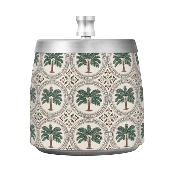 Stainless Steel Ashtray with Lid Removable Snuffer Post Easy to Clean Cylindrical Ash Tray for Home Office Decoration Circular Palm Tree Motifs