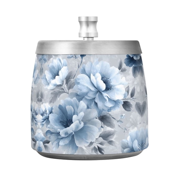 Stainless Steel Ashtray with Lid Removable Snuffer Post Easy to Clean Cylindrical Ash Tray for Home Office Decoration White Floral Pattern