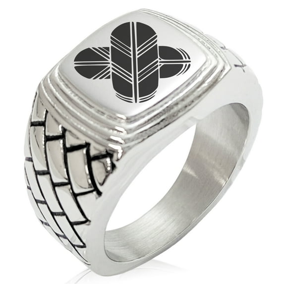 Stainless Steel Aso Samurai Crest Geometric Pattern Step-Down Biker Style Polished Ring