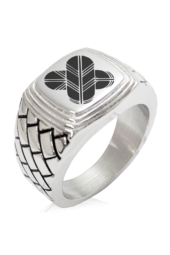 Stainless Steel Aso Samurai Crest Geometric Pattern Step-Down Biker Style Polished Ring