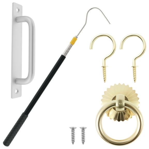 Stainless Steel Attic Pull System Hook Set with Handle Screw Brass Ring for Roof Inspections Attic Stair Pull Down Tool Kit for Ceiling Access