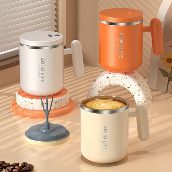 Stainless Steel Automatic Mixing Cup | Rechargeable Thermos Soy Milk/Coffee/Protein Shaker | 400ml Triple Blade | Leak-Resistant Insulated | Portable USB Blender | Orange/White/Beige