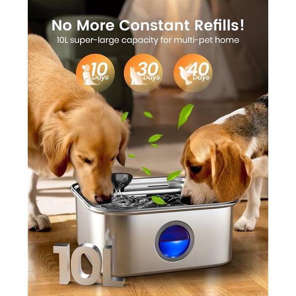 Stainless Steel Automatic Pet Water Fountain, 10L/2.6Gal Large Capacity, Wide Deep Drinking Area, Water Level Window and Triple Filtration System for Large Dogs and Multi-Pet Families