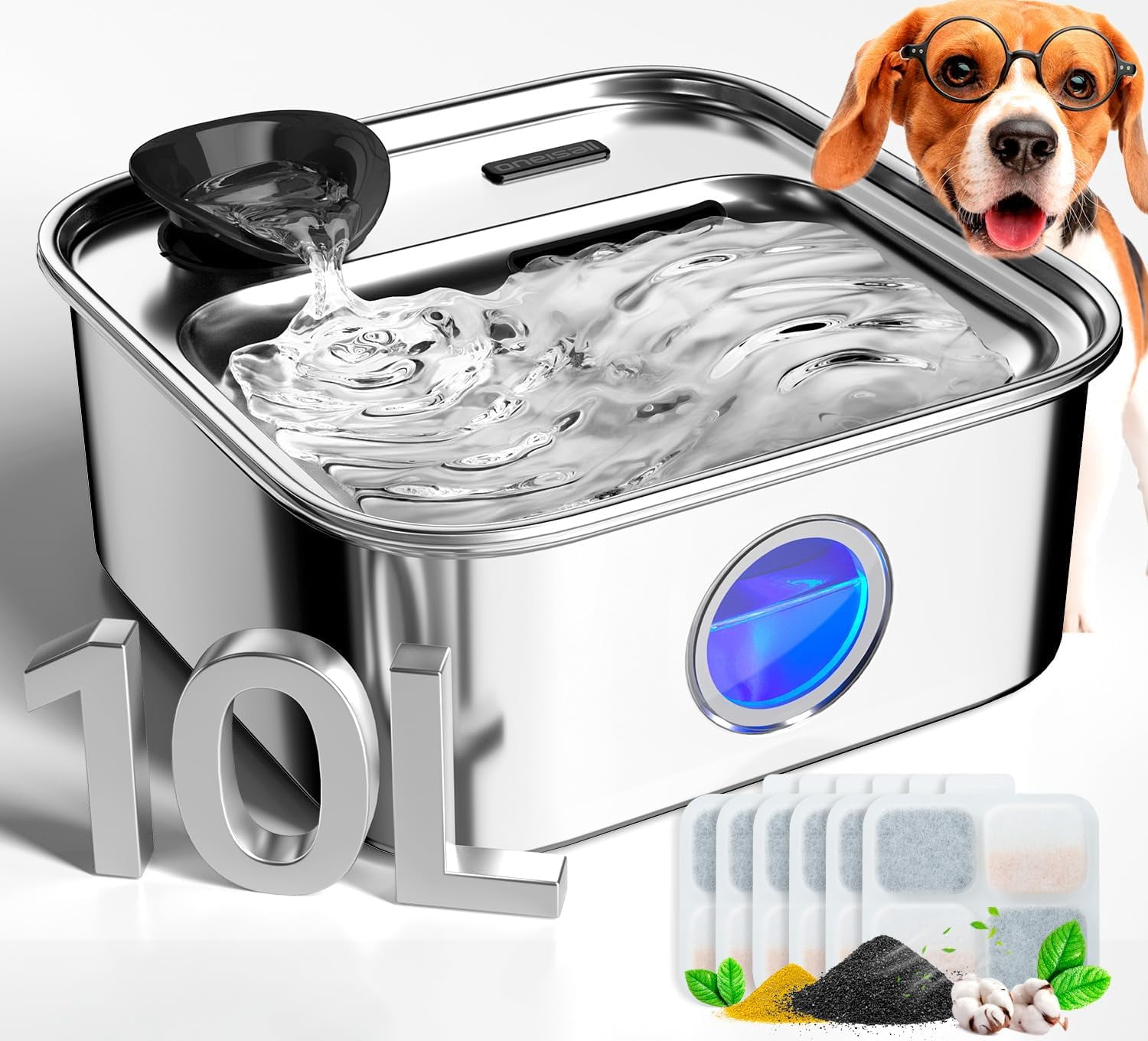 Stainless Steel Automatic Pet Water Fountain, 10L/2.6Gal Large Capacity with Wide Drinking Area, Water Level Window & Triple Filtration System for Multiple Dogs