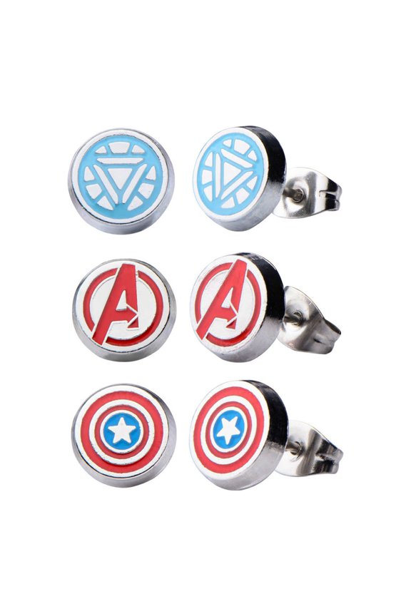 Stainless Steel Avenger Logo, Captain America, and Iron Man 3 pack Round Stud Earrings