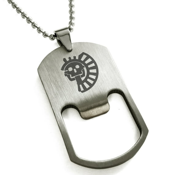 Stainless Steel Aztec Chief Tribe Rune Engraved Bottle Opener Dog Tag Pendant Necklace