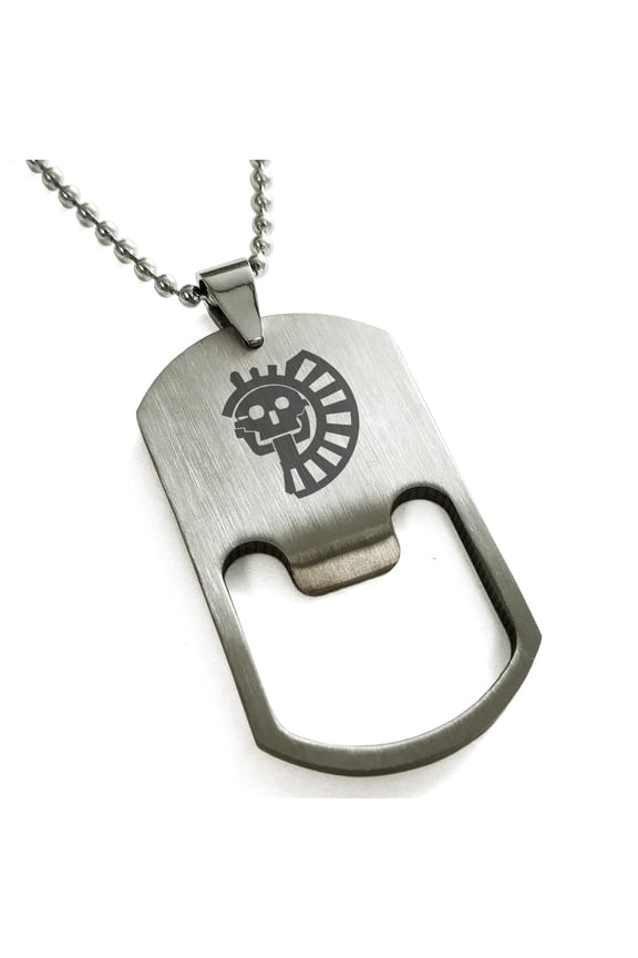 Stainless Steel Aztec Chief Tribe Rune Engraved Bottle Opener Dog Tag Pendant Necklace