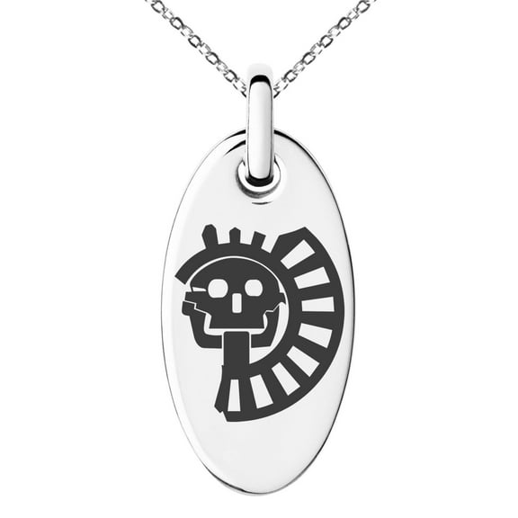Stainless Steel Aztec Chief Tribe Rune Engraved Small Oval Charm Pendant Necklace