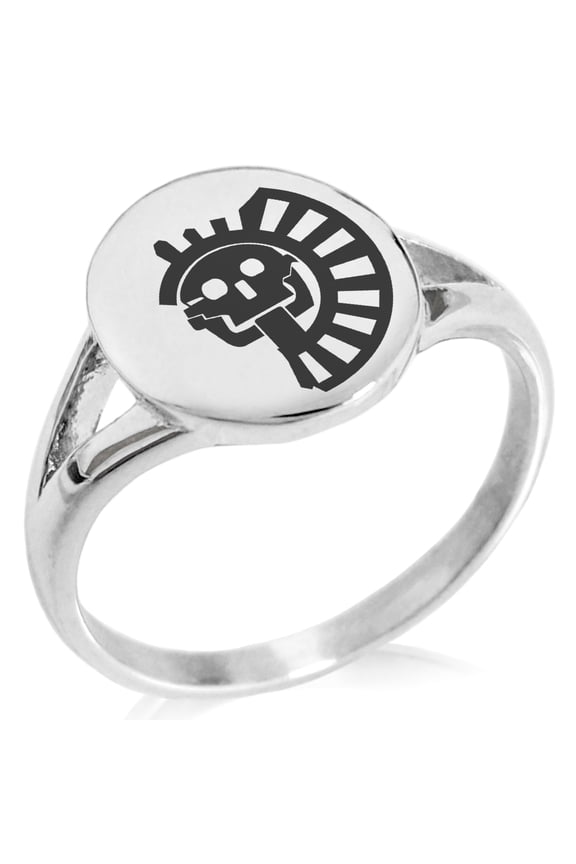 Stainless Steel Aztec Chief Tribe Rune Minimalist Oval Top Polished Statement Signet Ring
