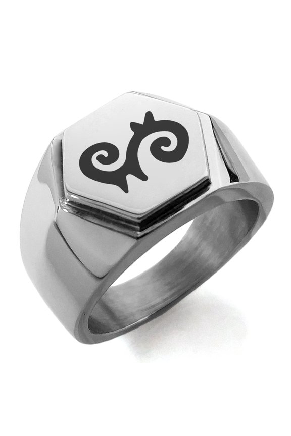 Stainless Steel Aztec Energy Rune Engraved Hexagon Crest Flat Top Biker Style Polished Ring