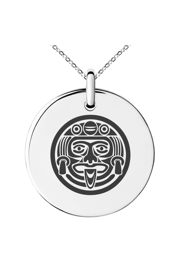 Stainless Steel Aztec Mask Rune Engraved Small Medallion Circle Charm Pendant Necklace