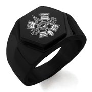 Stainless Steel Aztec Ollin Third Eye Rune Engraved Hexagon Crest Flat Top Biker Style Polished Ring