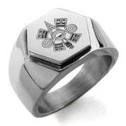 Stainless Steel Aztec Ollin Third Eye Rune Engraved Hexagon Crest Flat Top Biker Style Polished Ring