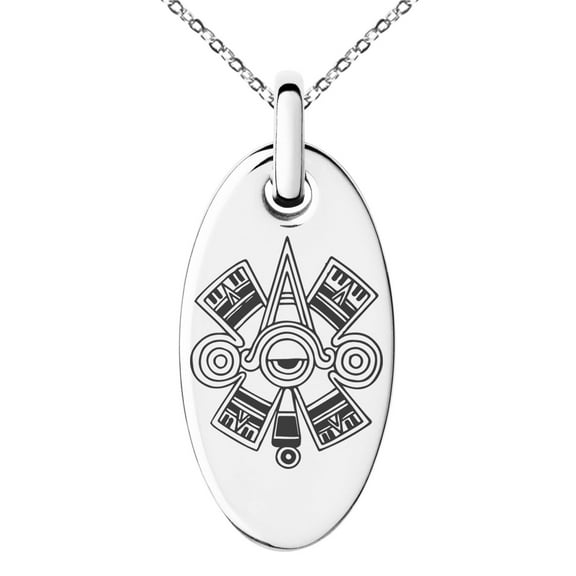 Tioneer Stainless Steel Aztec Ollin Third Eye Rune Engraved Small Oval Charm Pendant Necklace
