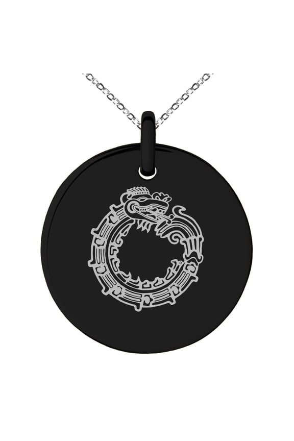 Stainless Steel Aztec Ouroboros Serpent Rune Engraved Small Medallion Circle Charm Pendant Necklace