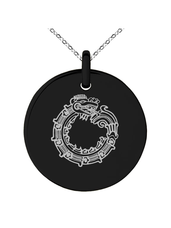 Stainless Steel Aztec Ouroboros Serpent Rune Engraved Small Medallion Circle Charm Pendant Necklace