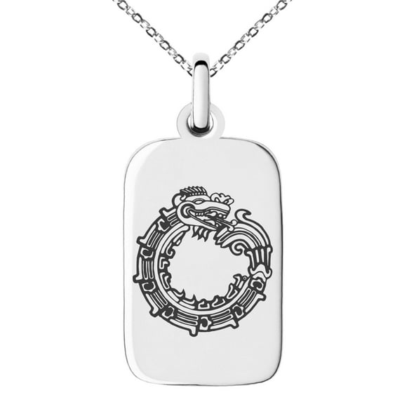 Tioneer Stainless Steel Aztec Ouroboros Serpent Rune Engraved Small Rectangle Dog Tag Charm Pendant Necklace