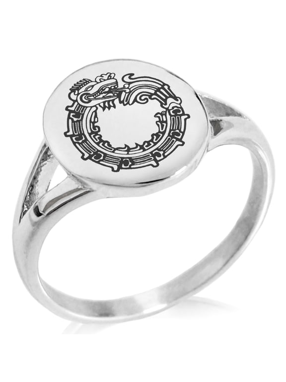 Stainless Steel Aztec Ouroboros Serpent Rune Minimalist Oval Top Polished Statement Signet Ring