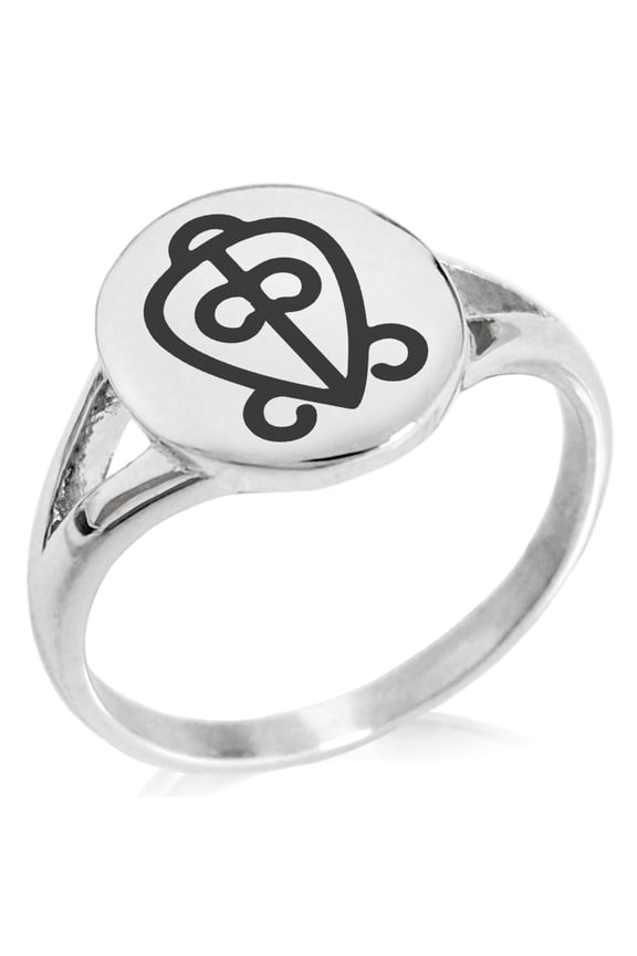 Stainless Steel Aztec Power of Love Rune Minimalist Oval Top Polished Statement Signet Ring