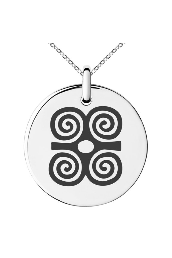 Stainless Steel Aztec Strength Rune Engraved Small Medallion Circle Charm Pendant Necklace