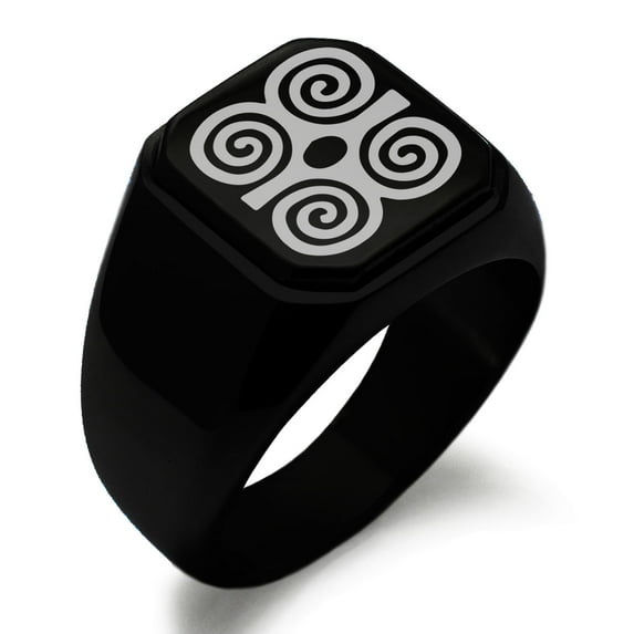Stainless Steel Aztec Strength Rune Engraved Square Flat Top Biker Style Polished Signet Ring