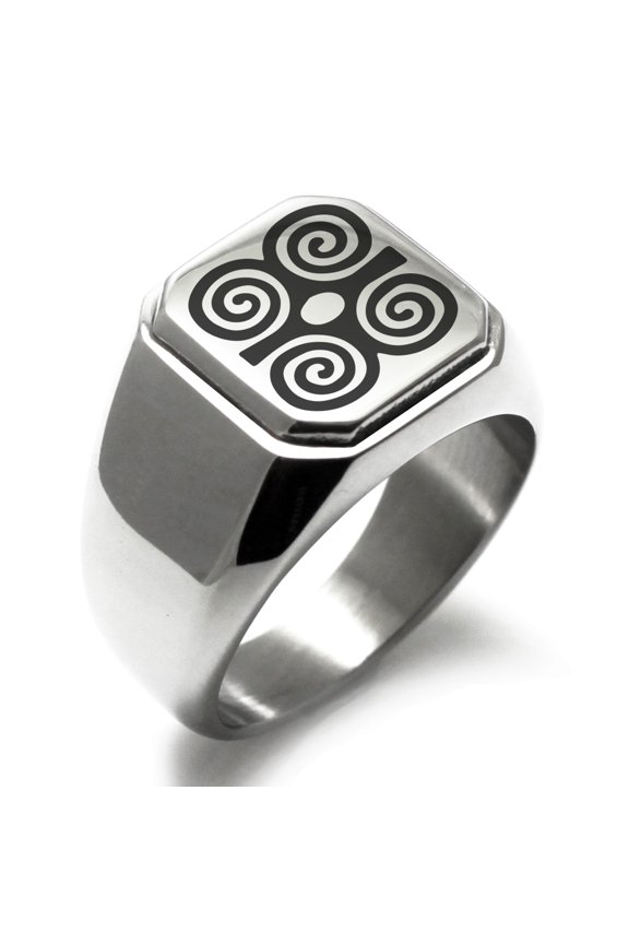 Stainless Steel Aztec Strength Rune Engraved Square Flat Top Biker Style Polished Signet Ring