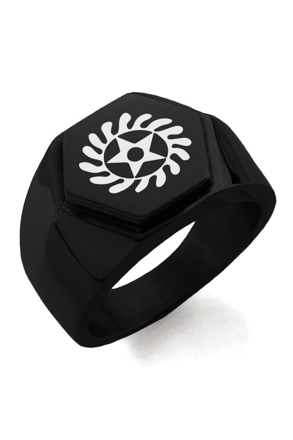 Stainless Steel Aztec Transformation Rune Engraved Hexagon Crest Flat Top Biker Style Polished Ring