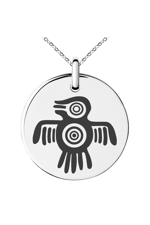 Stainless Steel Aztec Truth & Wisdom Eagle Rune Engraved Small Medallion Circle Charm Pendant Necklace