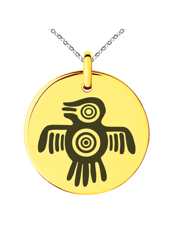 Stainless Steel Aztec Truth & Wisdom Eagle Rune Engraved Small Medallion Circle Charm Pendant Necklace