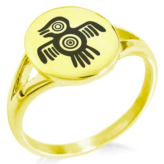 Stainless Steel Aztec Truth & Wisdom Eagle Rune Minimalist Oval Top Polished Statement Signet Ring