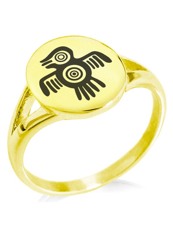 Stainless Steel Aztec Truth & Wisdom Eagle Rune Minimalist Oval Top Polished Statement Signet Ring