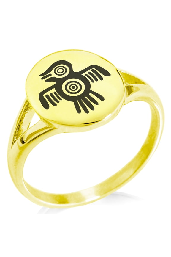 Stainless Steel Aztec Truth & Wisdom Eagle Rune Minimalist Oval Top Polished Statement Signet Ring