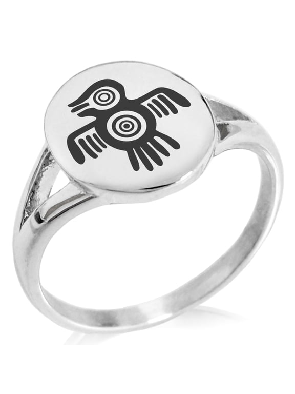 Stainless Steel Aztec Truth & Wisdom Eagle Rune Minimalist Oval Top Polished Statement Signet Ring