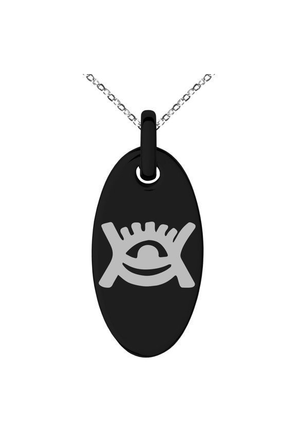 Stainless Steel Aztec Universe Rune Engraved Small Oval Charm Pendant Necklace