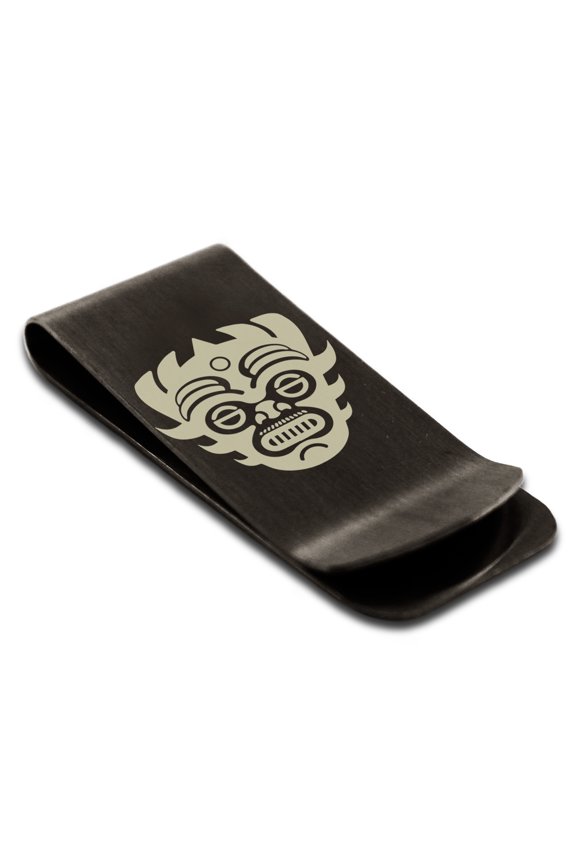Stainless Steel Aztec Warrior Mask Rune Engraved Money Clip Credit Card Holder