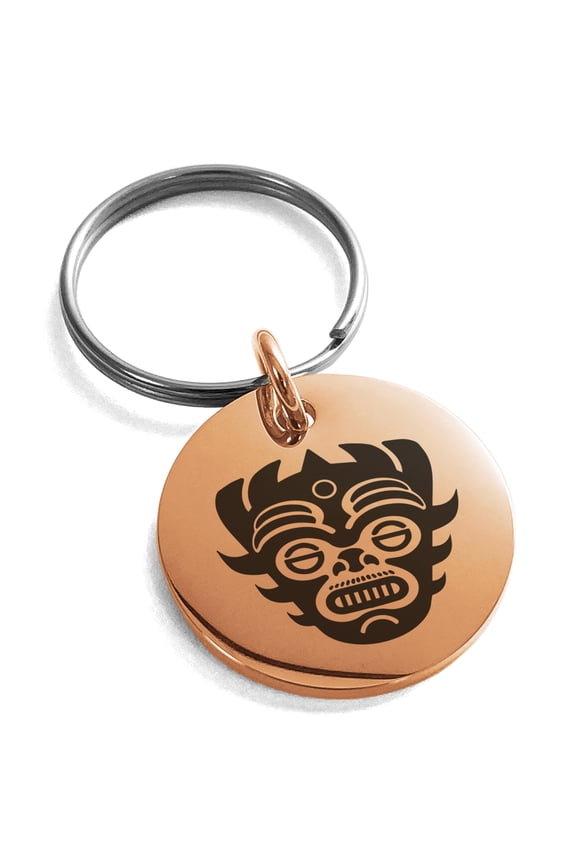 Stainless Steel Aztec Warrior Mask Rune Engraved Small Medallion Circle Charm Keychain Keyring