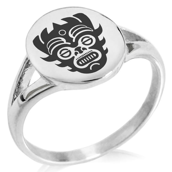 Tioneer Stainless Steel Aztec Warrior Mask Rune Minimalist Oval Top Polished Statement Signet Ring