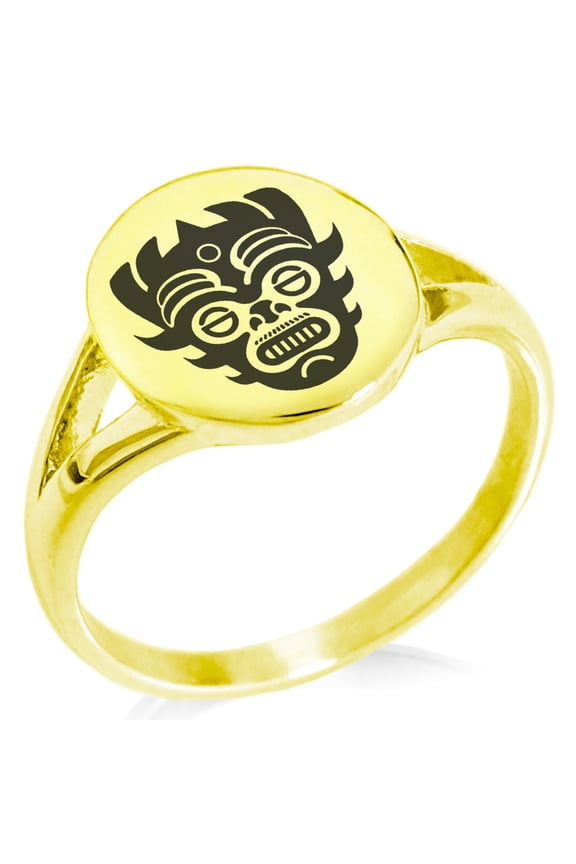 Stainless Steel Aztec Warrior Mask Rune Minimalist Oval Top Polished Statement Signet Ring