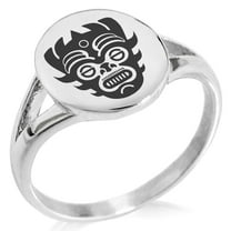 Stainless Steel Aztec Warrior Mask Rune Minimalist Oval Top Polished Statement Signet Ring