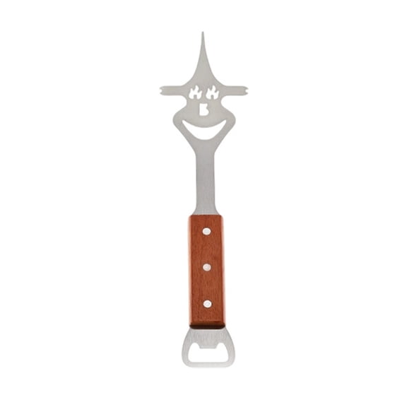 Stainless Steel BBQ Fork with Wooden Handle, Built-in Bottle Opener for Outdoor Grilling