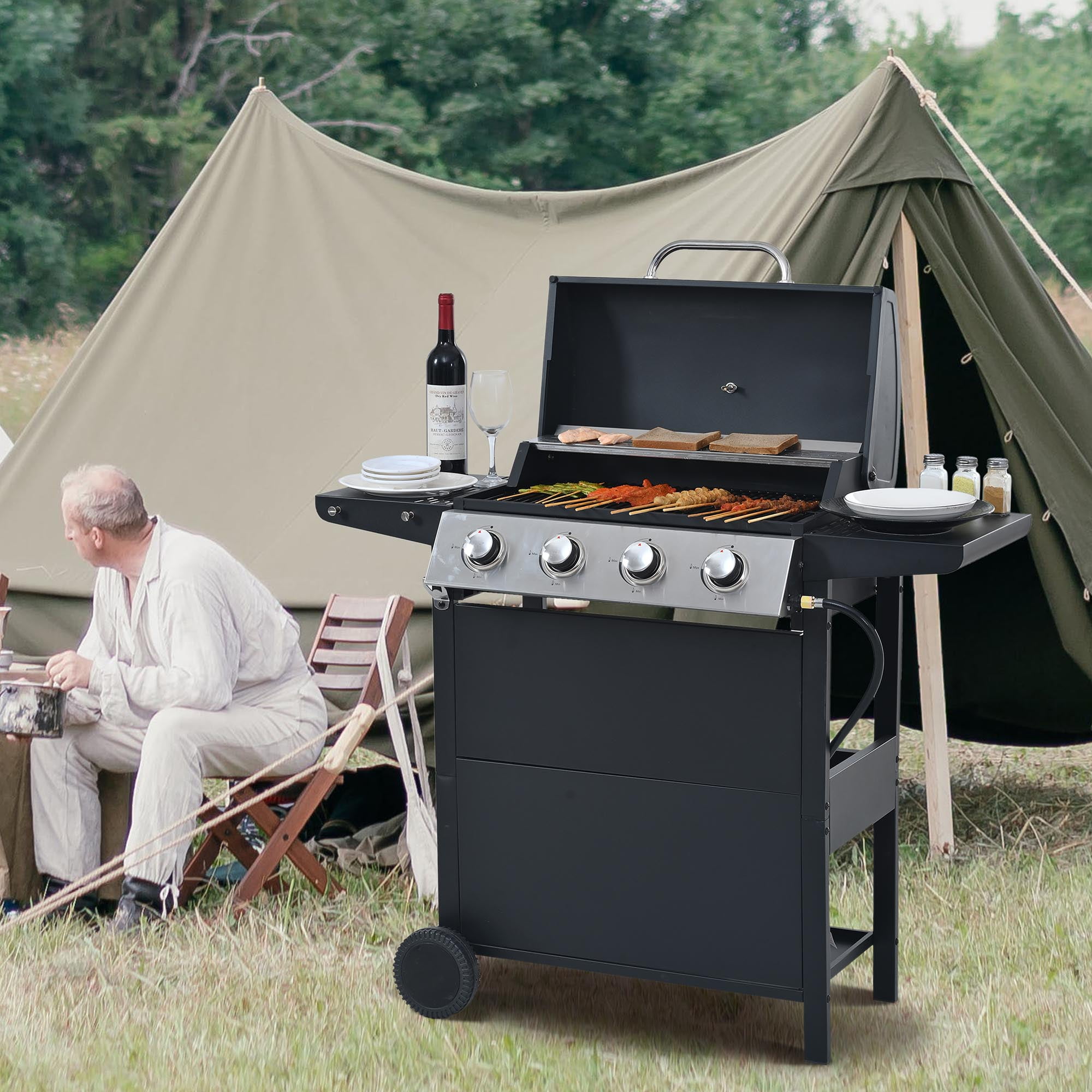 Black Stainless Steel 4-Burner Propane Gas Grill with Folding Shelves