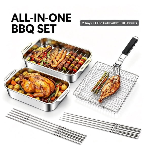 Stainless Steel BBQ Grill Basket & Lidded Roasting Pan Set, 2-in-1 Indoor Oven & Outdoor Backyard Camping Grilling Accessory Kit, Dishwasher Safe