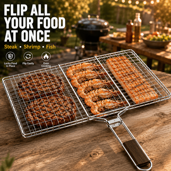 Stainless Steel BBQ Grill Basket with Wooden Handle, Large Folding Grilling Mesh Tray for Steak, Fish, Shrimp, Outdoor Barbecue Cooking Tool