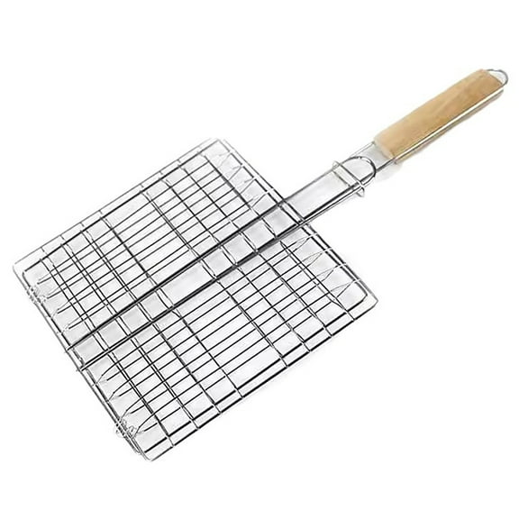 Stainless Steel BBQ Grill Basket with Wooden Handle | Outdoor Camping & Picnics | Fish Meat & Bread Cooking Net | Portable Barbecue Tool for Grilling