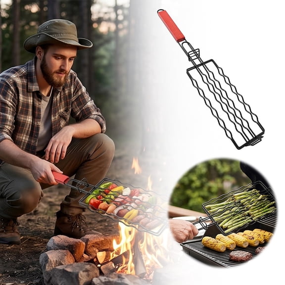 Stainless Steel BBQ Grill Grate with Wooden Handle Detachable Grilling Basket for Sausages and Vegetables Black